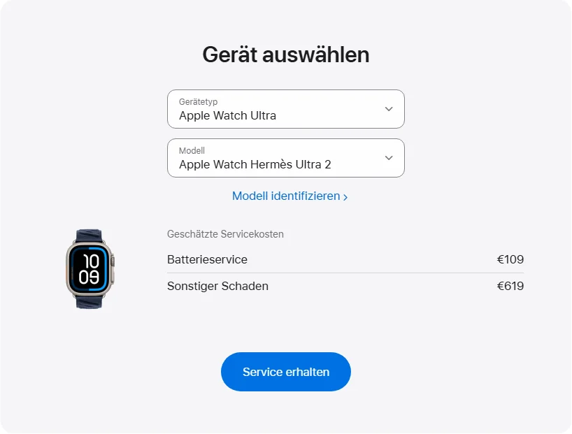 Apple Deutschland's repair pricing panel showing Apple Watch Hermès Ultra 2 service estimates