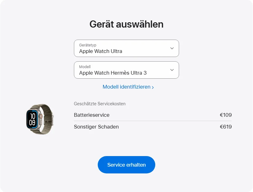 Apple Deutschland's repair pricing panel showing Apple Watch Hermès Ultra 3 service estimates