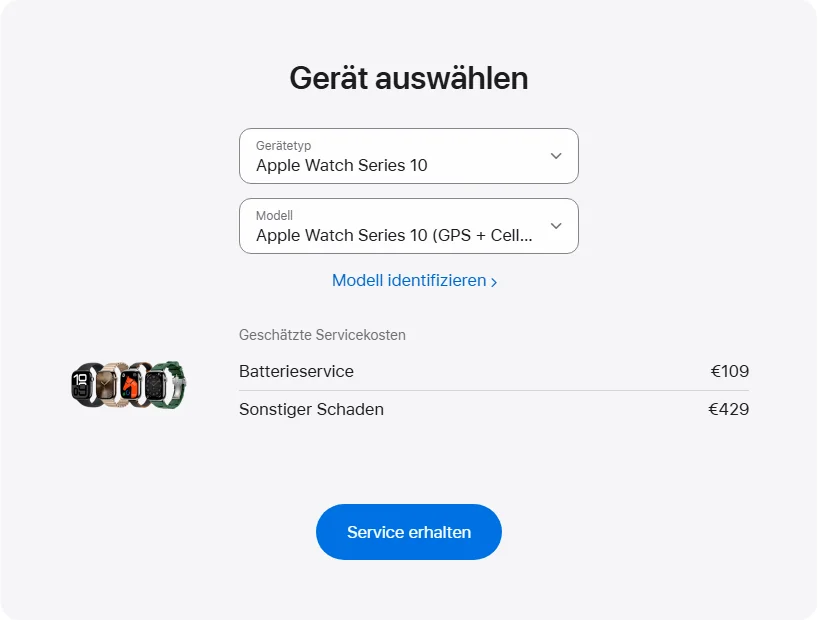 Apple Deutschland's repair pricing panel showing Apple Watch Series 10 (GPS + Cellular) (Aluminium) 42 mm service estimates