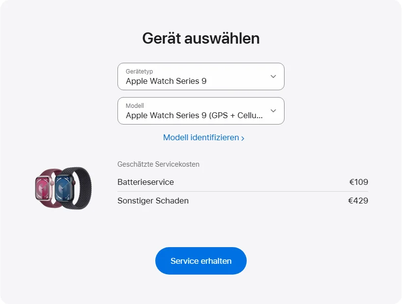 Apple Deutschland's repair pricing panel showing Apple Watch Series 9 (GPS + Cellular) (Aluminium) 45 mm service estimates