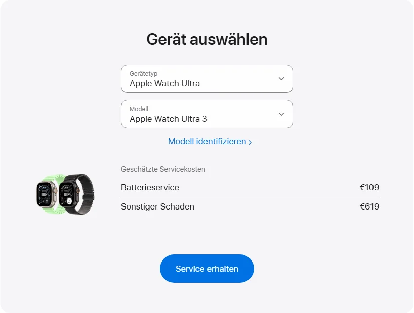 Apple Deutschland's repair pricing panel showing Apple Watch Ultra 3 service estimates