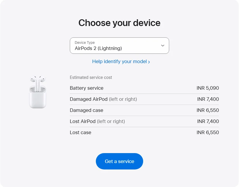 Apple India's repair pricing panel showing AirPods 2 (Lightning) service estimates