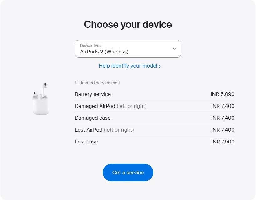 Apple India's repair pricing panel showing AirPods 2 (Wireless) service estimates