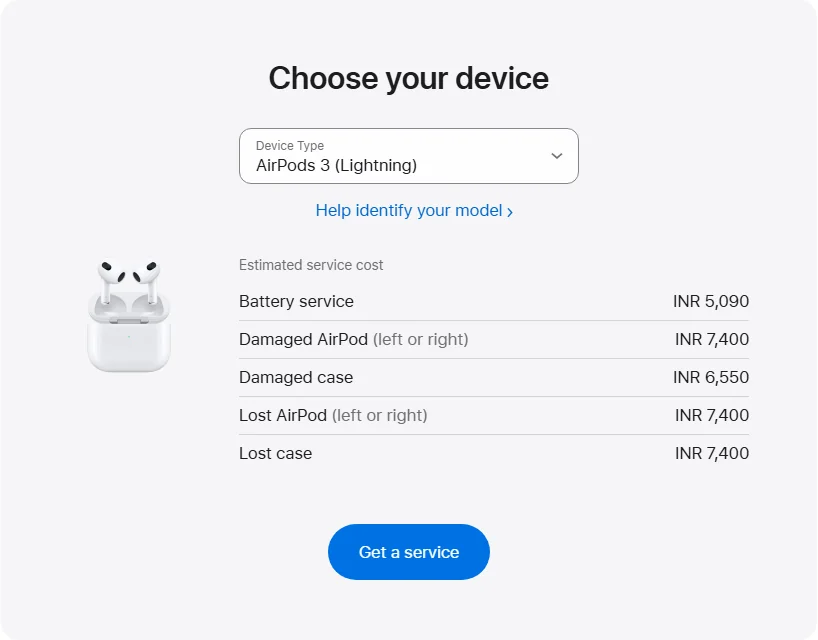 Apple India's repair pricing panel showing AirPods 3 (Lightning) service estimates