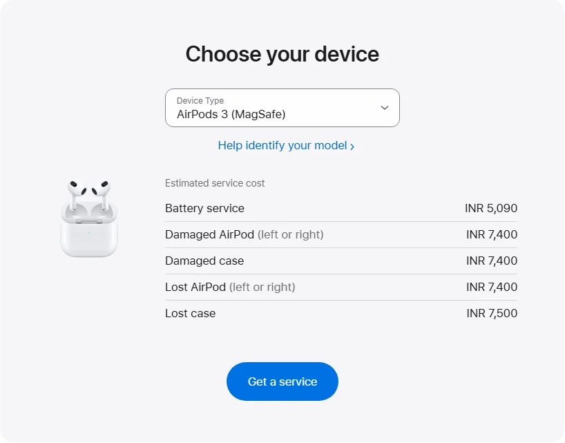 Apple India's repair pricing panel showing AirPods 3 (MagSafe) service estimates