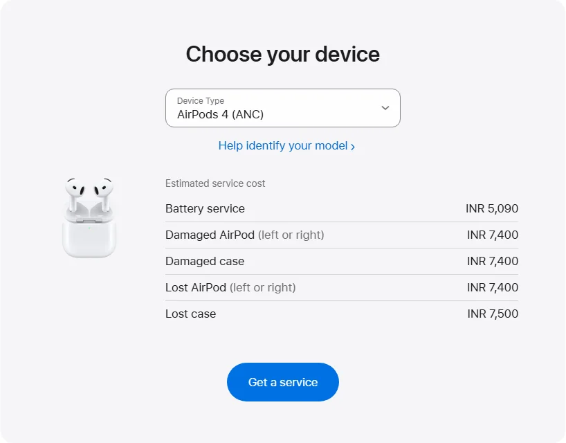 Apple India's repair pricing panel showing AirPods 4 (ANC) service estimates