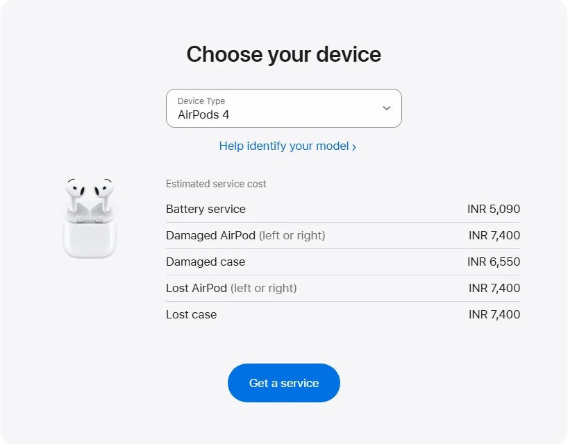 Apple India's repair pricing panel showing AirPods 4 service estimates
