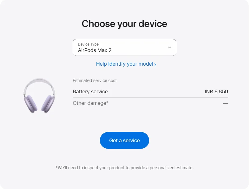 Apple India's repair pricing panel showing AirPods Max 2 service estimates