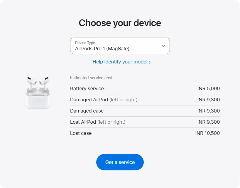 Apple India's repair pricing panel showing AirPods Pro 1 (MagSafe) service estimates