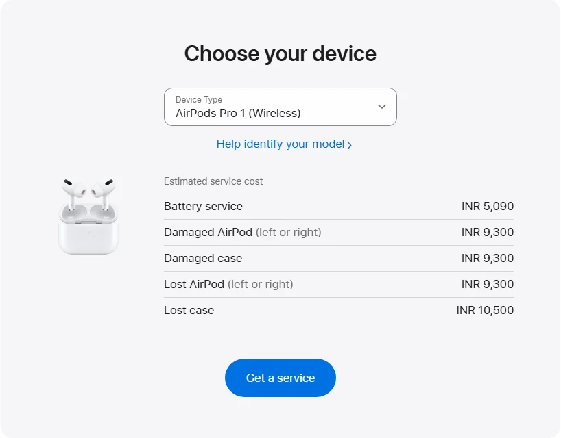 Apple India's repair pricing panel showing AirPods Pro 1 (Wireless) service estimates