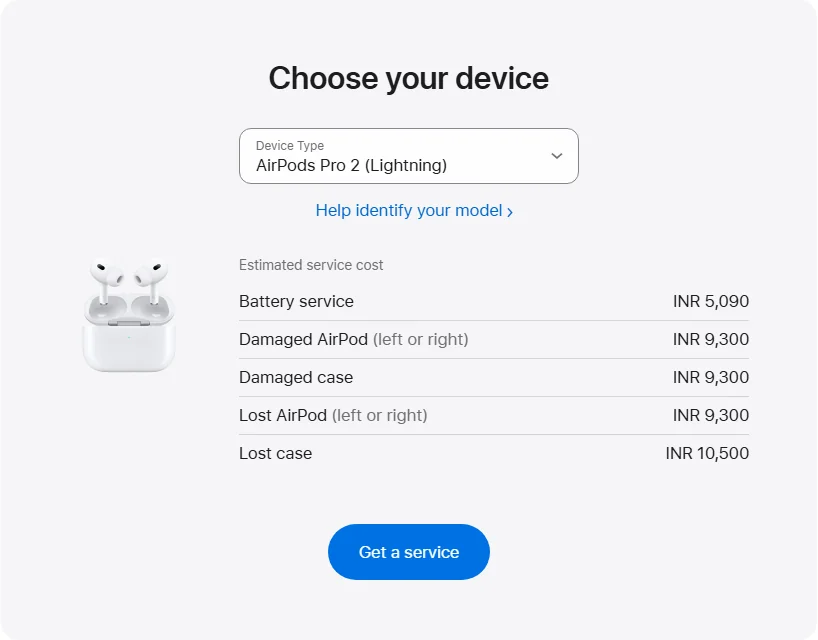 Apple India's repair pricing panel showing AirPods Pro 2 (Lightning) service estimates