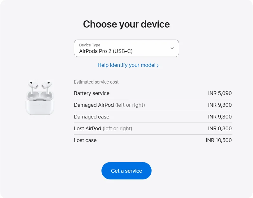 Apple India's repair pricing panel showing AirPods Pro 2 (USB-C) service estimates