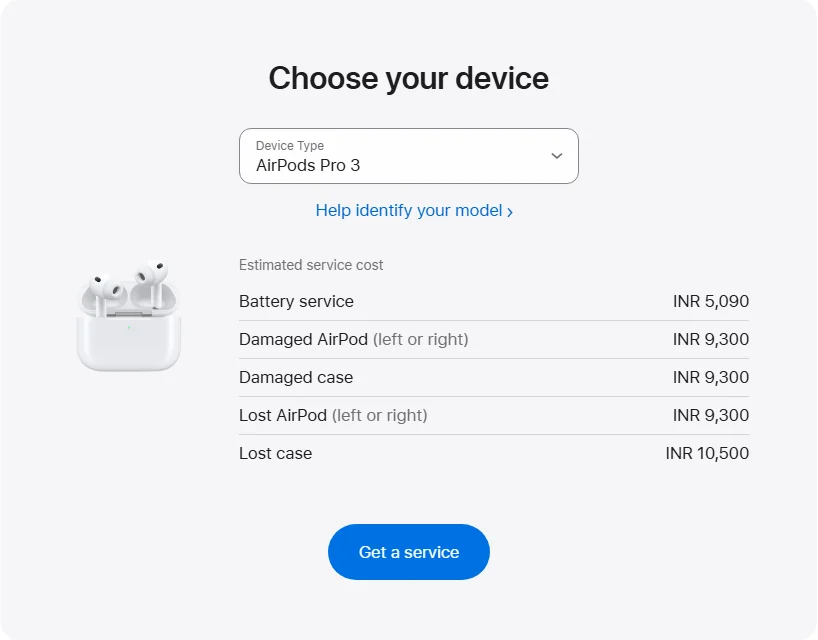 Apple India's repair pricing panel showing AirPods Pro 3 service estimates