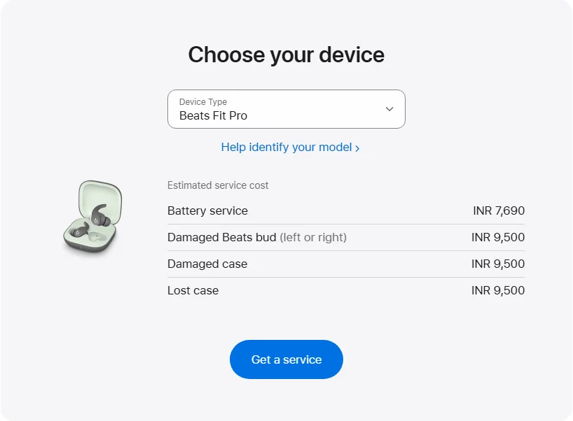 Apple India's repair pricing panel showing Beats Fit Pro service estimates