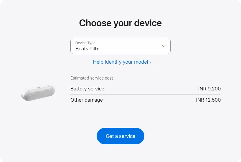 Apple India's repair pricing panel showing Beats Pill+ service estimates