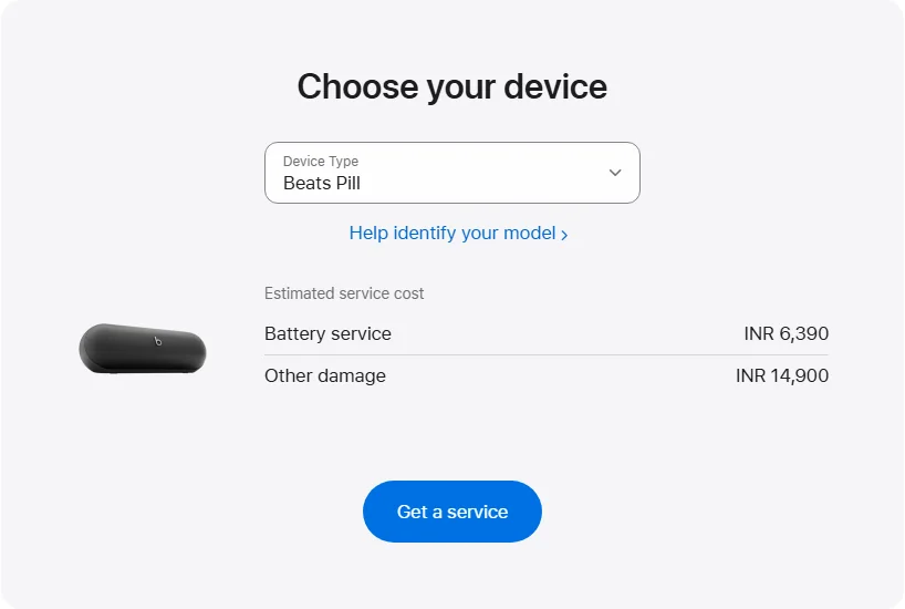 Apple India's repair pricing panel showing Beats Pill service estimates