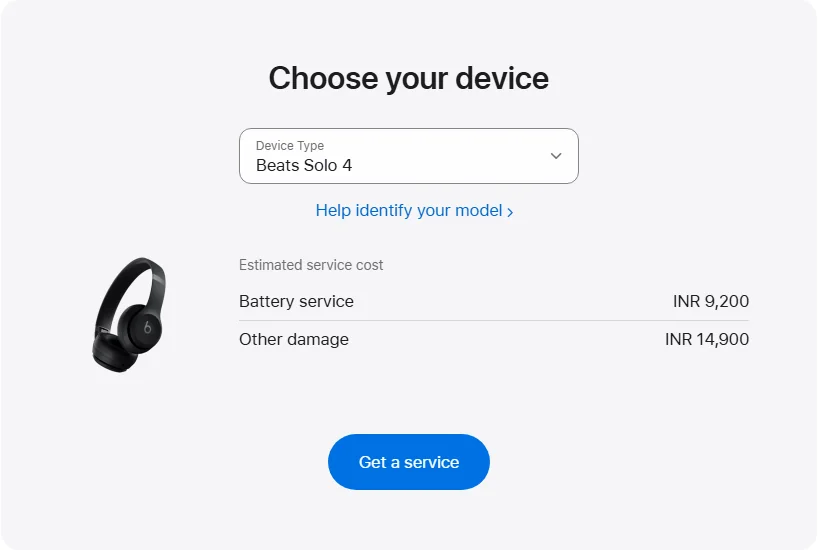 Apple India's repair pricing panel showing Beats Solo 4 service estimates