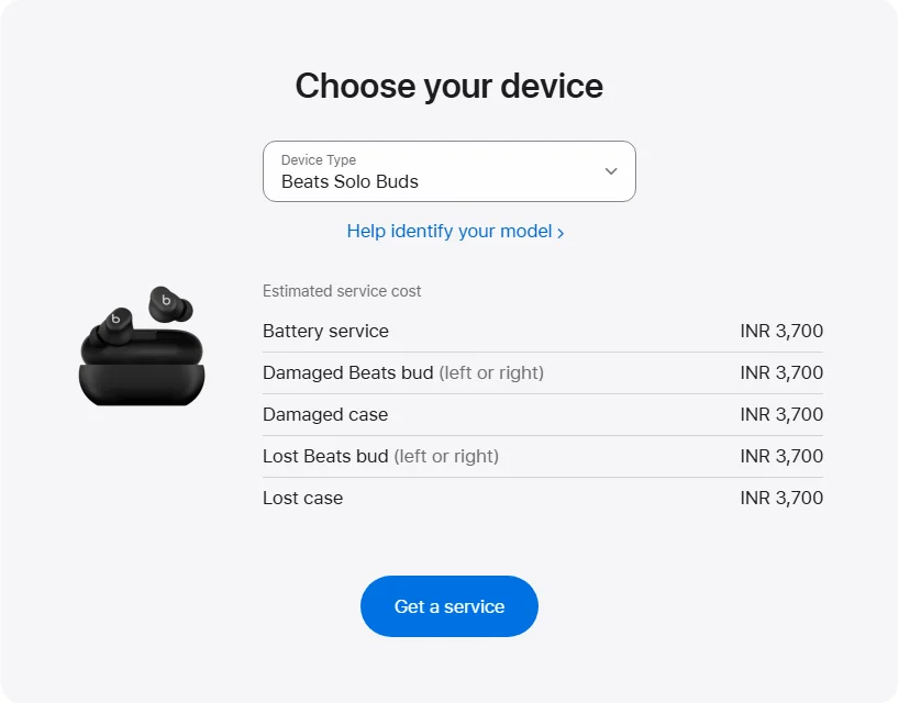 Apple India's repair pricing panel showing Beats Solo Buds service estimates