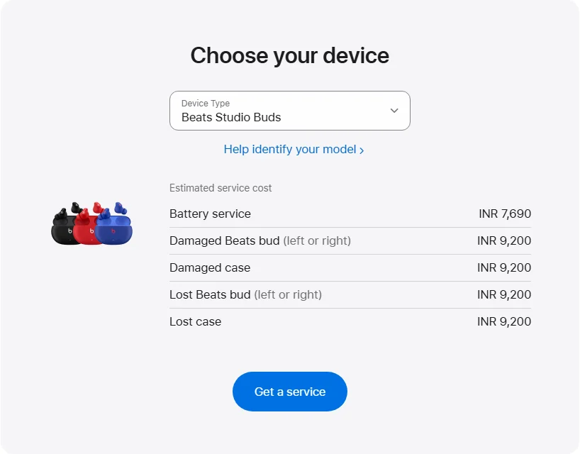 Apple India's repair pricing panel showing Beats Studio Buds service estimates