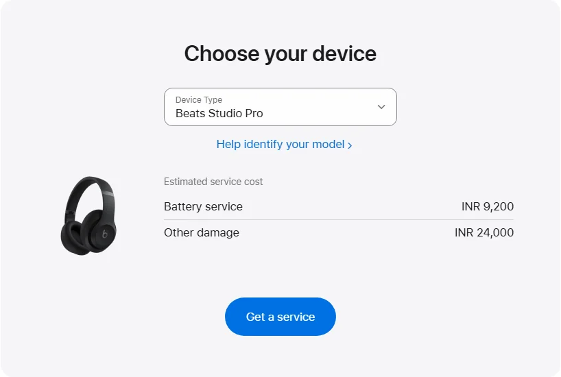Apple India's repair pricing panel showing Beats Studio Pro service estimates