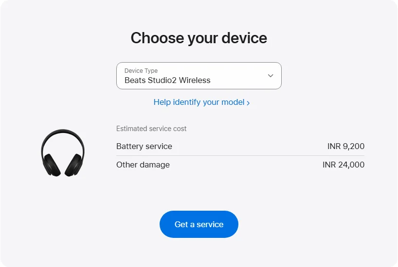Apple India's repair pricing panel showing Beats Studio2 Wireless service estimates