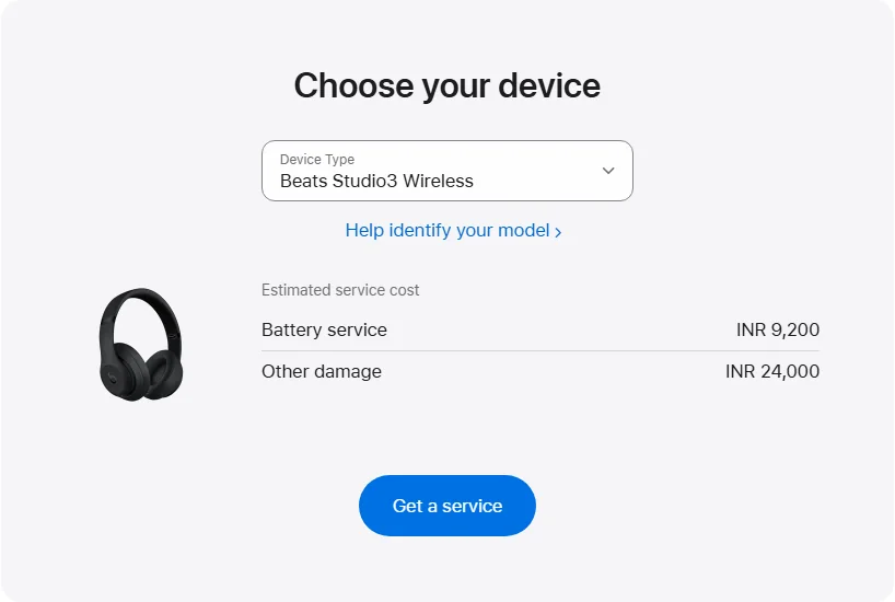 Apple India's repair pricing panel showing Beats Studio3 Wireless service estimates