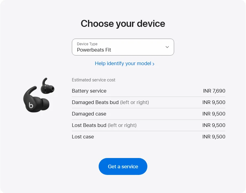Apple India's repair pricing panel showing Powerbeats Fit service estimates
