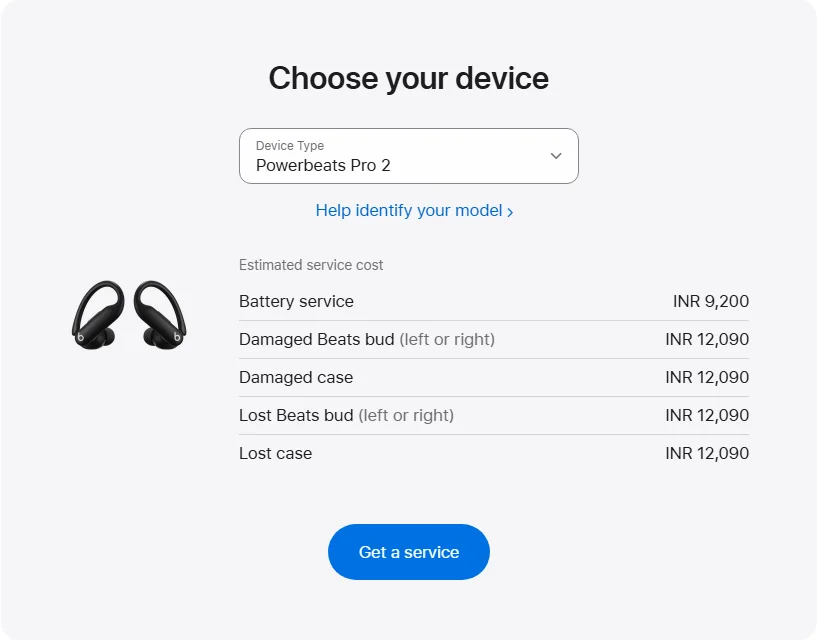 Apple India's repair pricing panel showing Powerbeats Pro 2 service estimates