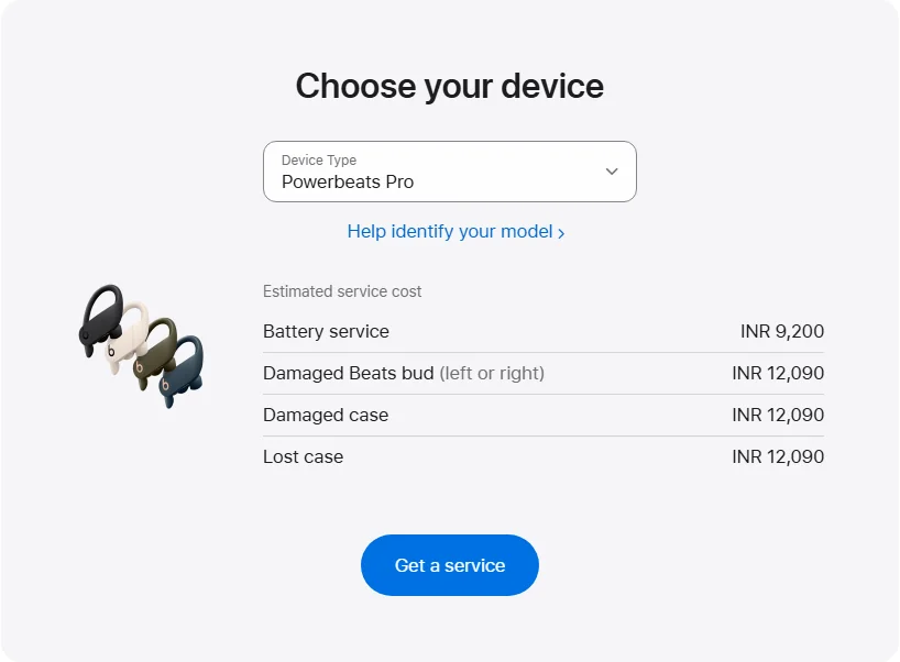 Apple India's repair pricing panel showing Powerbeats Pro service estimates