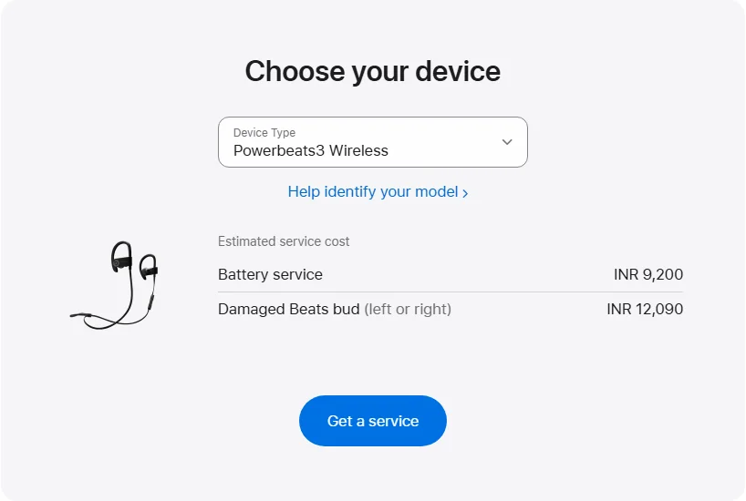 Apple India's repair pricing panel showing Powerbeats3 Wireless service estimates