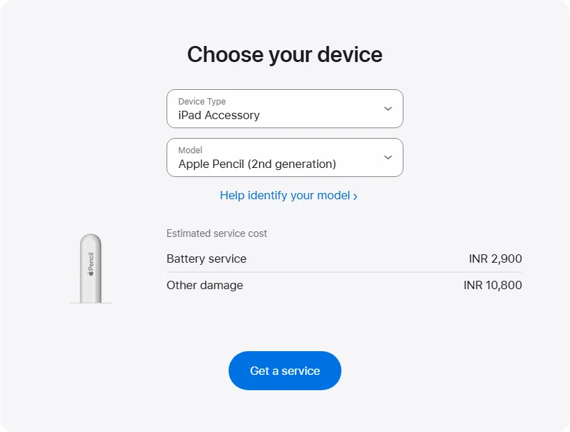 Apple India's repair pricing panel showing Apple Pencil (2nd generation) service estimates