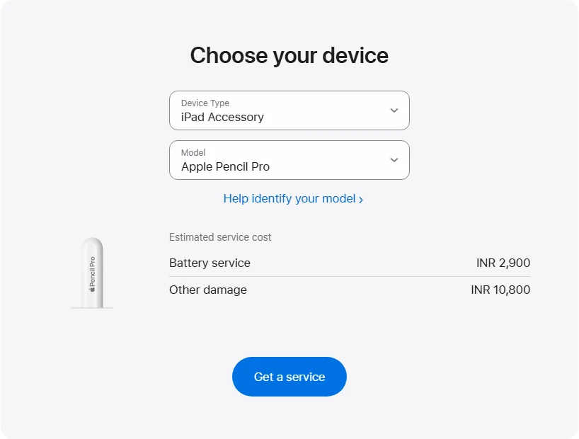 Apple India's repair pricing panel showing Apple Pencil Pro service estimates