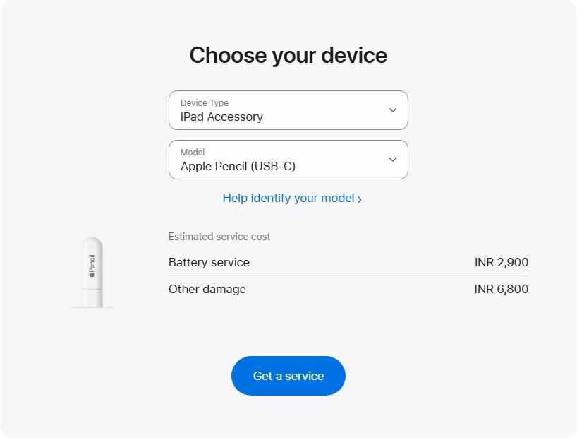 Apple India's repair pricing panel showing Apple Pencil (USB-C) service estimates