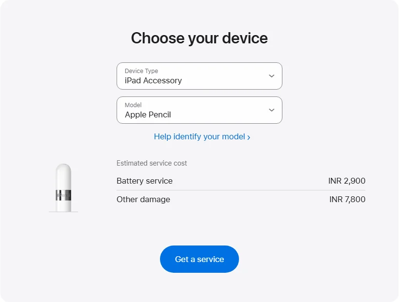 Apple India's repair pricing panel showing Apple Pencil service estimates