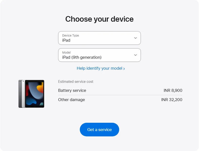 Apple India's repair pricing panel showing iPad (9th generation) service estimates