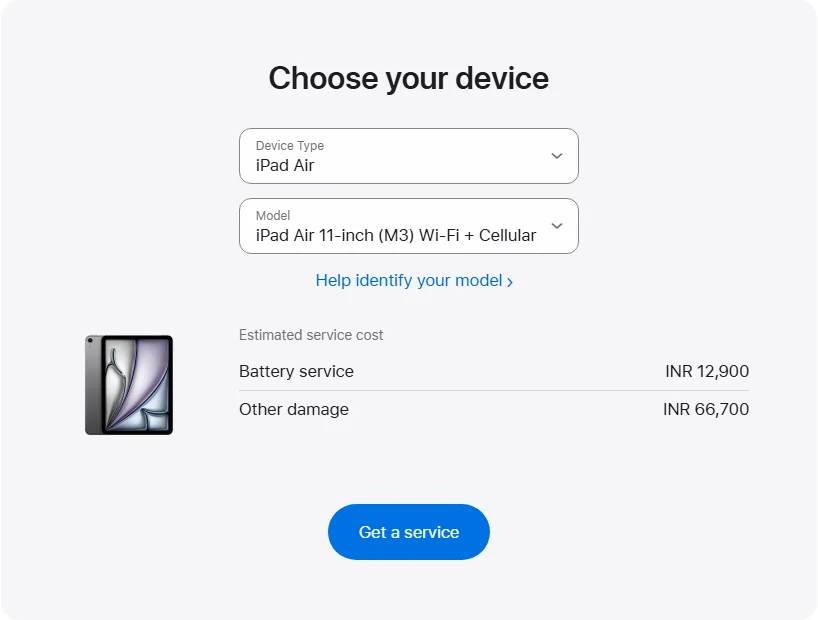 Apple India's repair pricing panel showing iPad Air 11-inch (M3) Wi-Fi + Cellular service estimates
