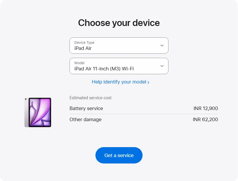 Apple India's repair pricing panel showing iPad Air 11-inch (M3) Wi-Fi service estimates
