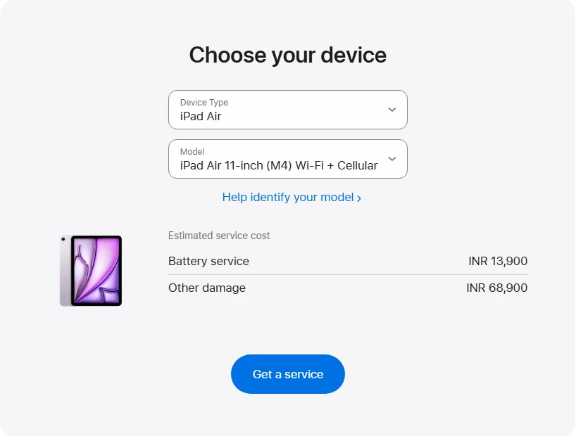 Apple India's repair pricing panel showing iPad Air 11-inch (M4) Wi-Fi + Cellular service estimates