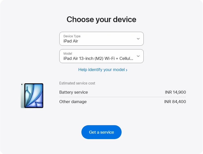 Apple India's repair pricing panel showing iPad Air 13-inch (M2) Wi-Fi + Cellular service estimates