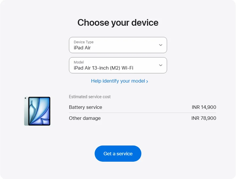 Apple India's repair pricing panel showing iPad Air 13-inch (M2) Wi-Fi service estimates