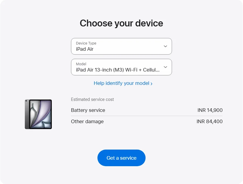 Apple India's repair pricing panel showing iPad Air 13-inch (M3) Wi-Fi + Cellular service estimates