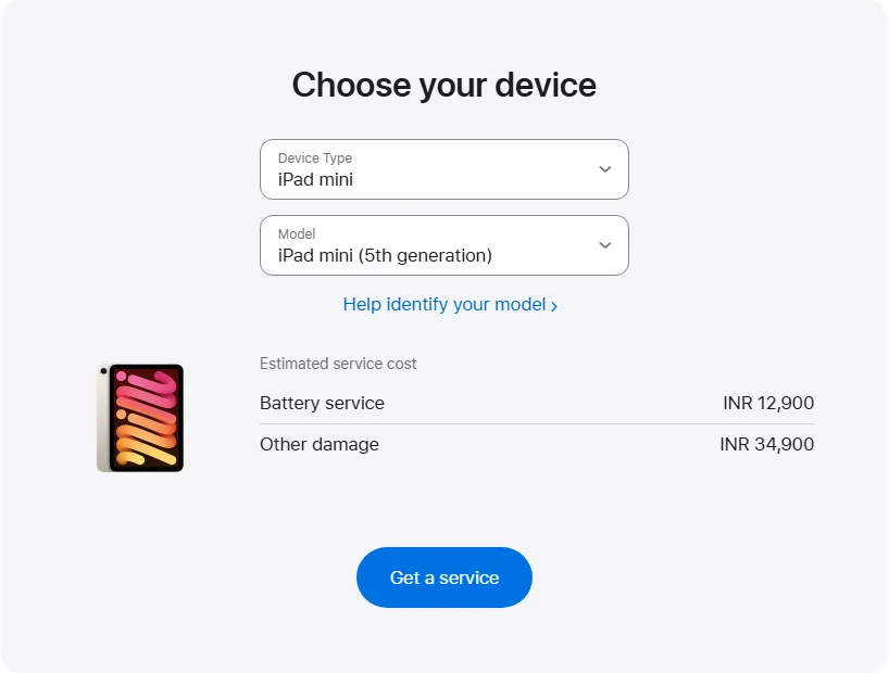 Apple India's repair pricing panel showing iPad mini (5th generation) service estimates