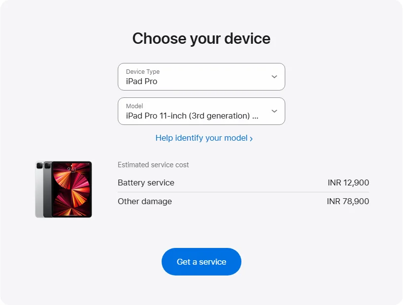 Apple India's repair pricing panel showing iPad Pro 11-inch (3rd generation) Wi-Fi + Cellular service estimates