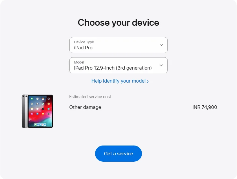 Apple India's repair pricing panel showing iPad Pro 12.9-inch (3rd generation) service estimates