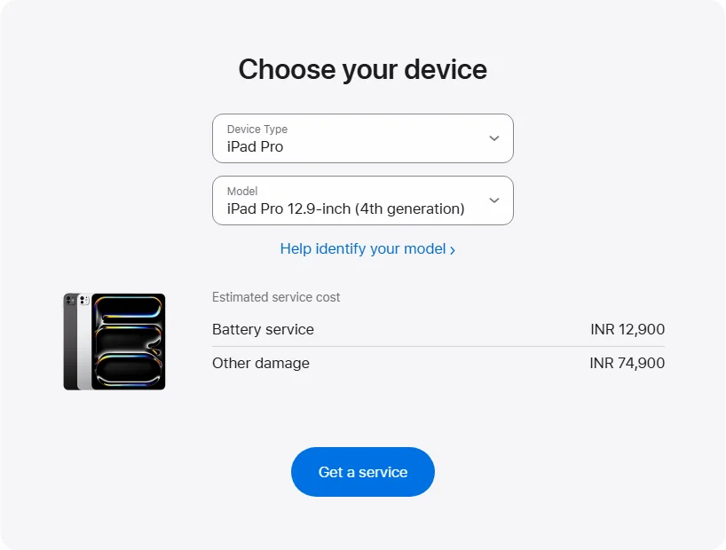 Apple India's repair pricing panel showing iPad Pro 12.9-inch (4th generation) service estimates