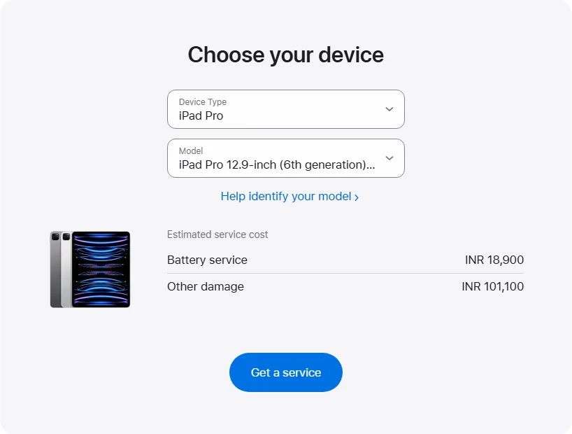 Apple India's repair pricing panel showing iPad Pro 12.9-inch (6th generation) Wi-Fi + Cellular service estimates