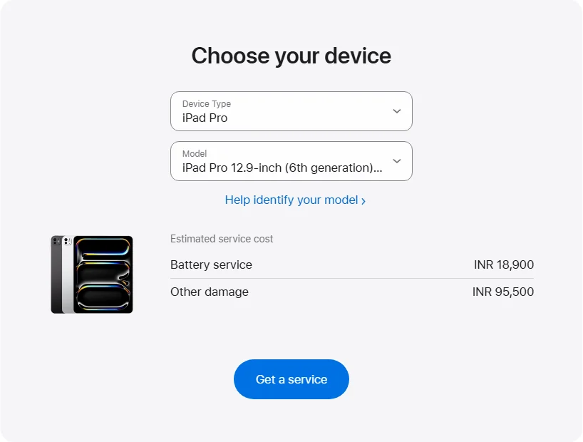 Apple India's repair pricing panel showing iPad Pro 12.9-inch (6th generation) Wi-Fi service estimates