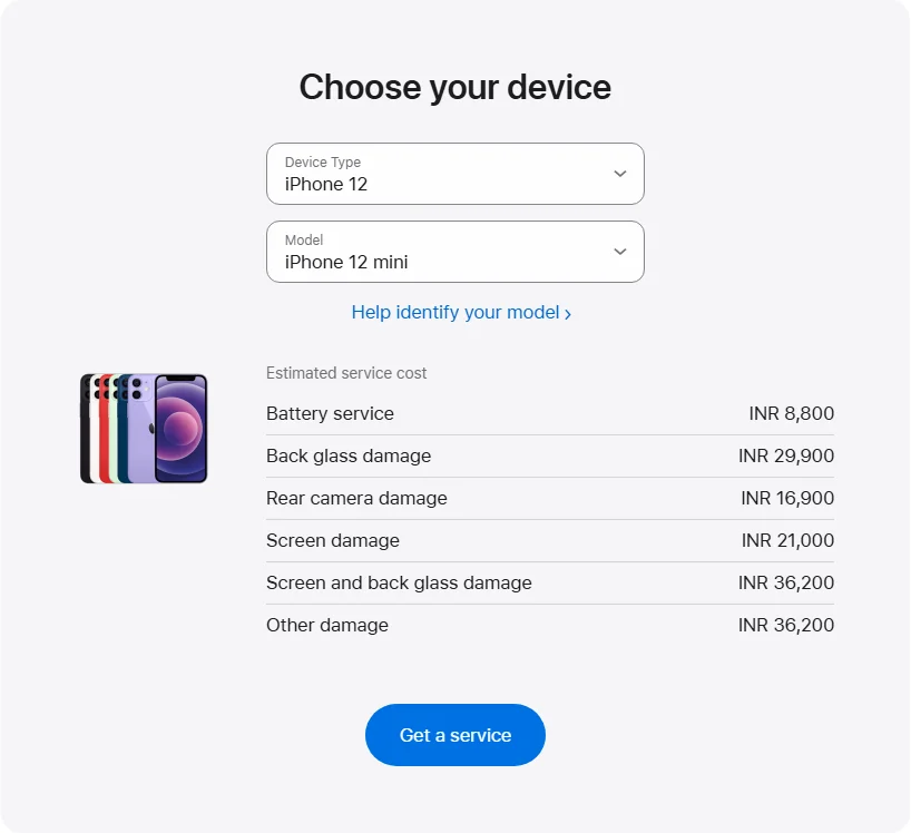 Apple India's repair pricing panel showing iPhone 12 mini service estimates