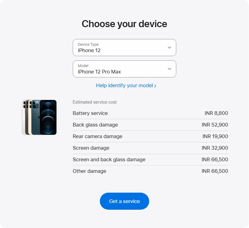 Apple India's repair pricing panel showing iPhone 12 Pro Max service estimates