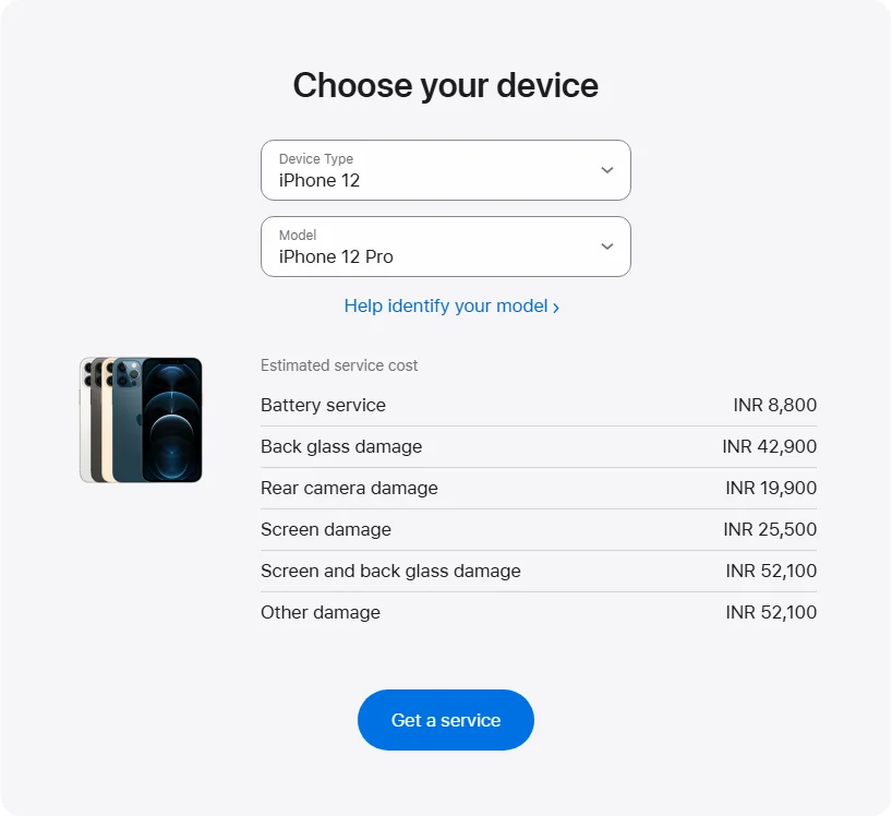 Apple India's repair pricing panel showing iPhone 12 Pro service estimates